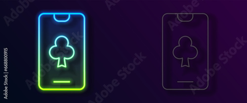 Glowing neon line Online poker table game icon isolated on black background. Online casino. Vector