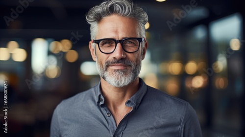 Photo of a handsome middle-aged man in stylish clothes and fashionable glasses. © koplesya