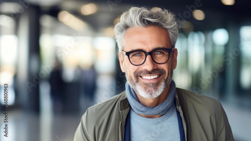 Photo of a handsome middle-aged man in stylish clothes and fashionable glasses.