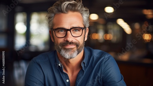 Photo of a handsome middle-aged man in stylish clothes and fashionable glasses.