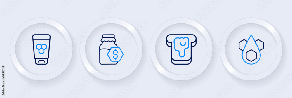 Set line Honeycomb, Bread with honey, Sale in jar of and Cosmetic tube icon. Vector Set line Honeycomb, Bread with honey, Sale in jar of and Cosmetic tube icon. Vector