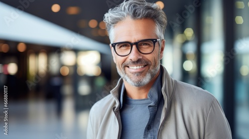 Photo of a handsome middle-aged man in stylish clothes and fashionable glasses.