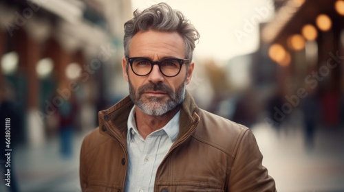 Photo of a handsome middle-aged man in stylish clothes and fashionable glasses.