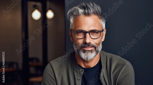 Photo of a handsome middle-aged man in stylish clothes and fashionable glasses.