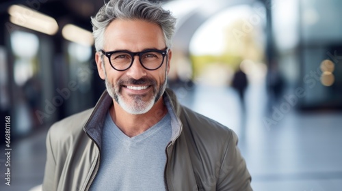 Photo of a handsome middle-aged man in stylish clothes and fashionable glasses.