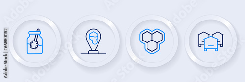 Set line Hive for bees, Honeycomb, location and Jar of honey and dipper stick icon. Vector