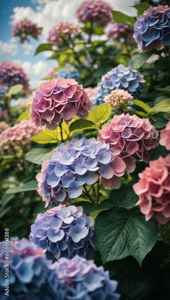 Elegant Pink, Light Purple, and Light Blue Hydrangea Flower in Full Bloom Elegant Pink, Light Purple, and Light Blue Hydrangea Flower in Full Bloom