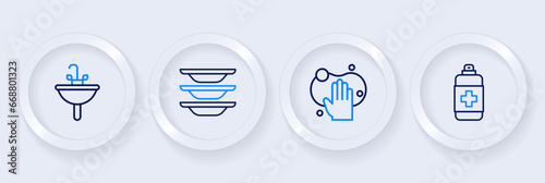 Set line Antibacterial soap, Sponge, Washing dishes and Washbasin icon. Vector