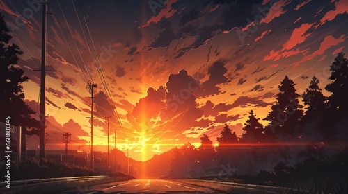 An anime style sunset on a highway, bright sky with clouds and a road. Shadows lie on the ground.