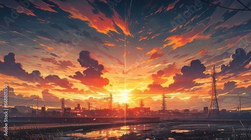 An anime style sunset in a city, bright sky with clouds and a road. Shadows lie on the ground. photo