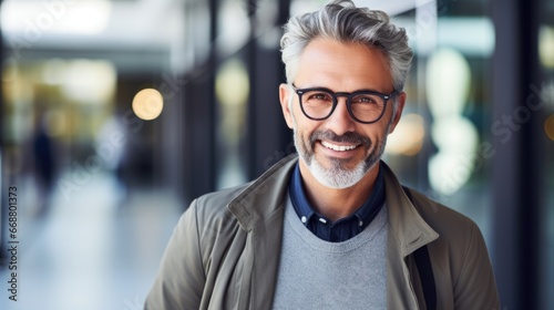 Photo of a handsome middle-aged man in stylish clothes and fashionable glasses.