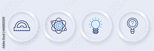 Set line Unknown search, Creative lamp light idea, Atom and Protractor grid icon. Vector