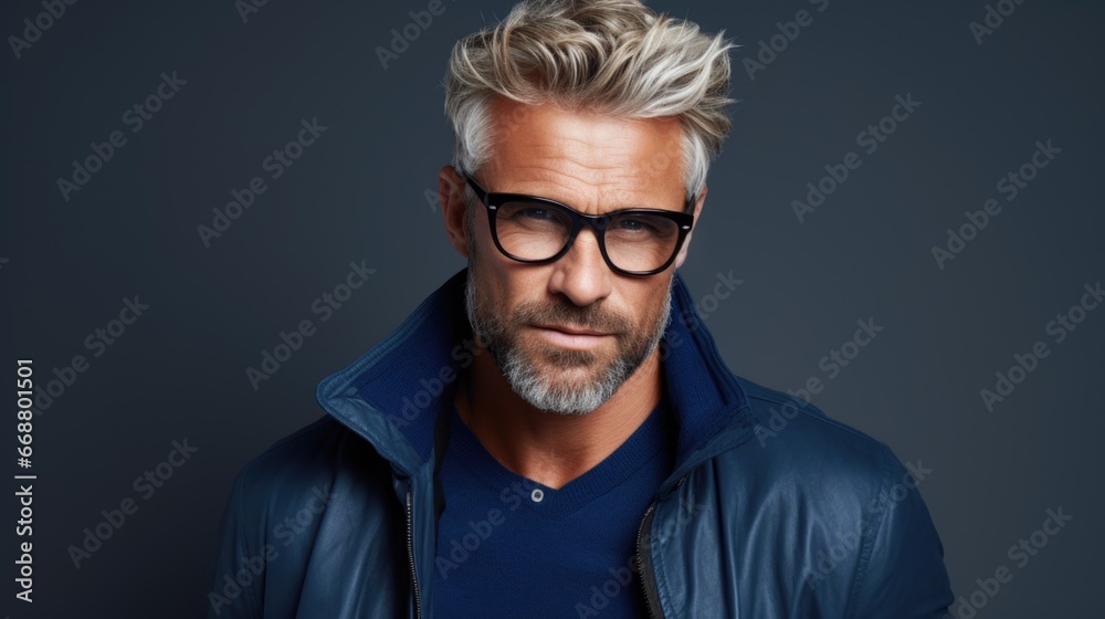 Photo of a handsome middle-aged man in stylish clothes and fashionable glasses. Photo of a handsome middle-aged man in stylish clothes and fashionable glasses.