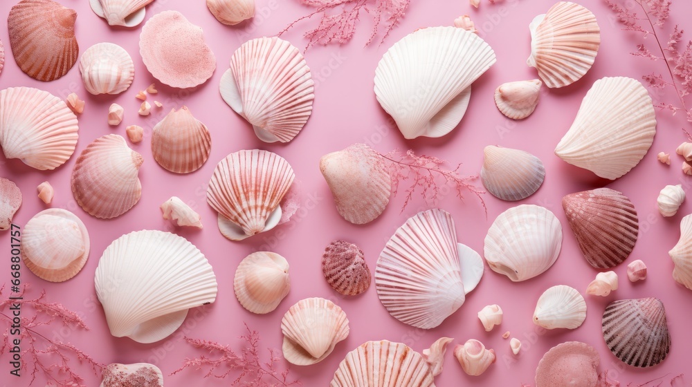 seashells on pink background. seashells on pink background.