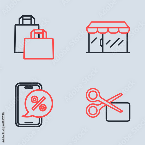 Set line Market store, Percent discount on phone, Scissors cuts coupon and Paper shopping bag icon. Vector