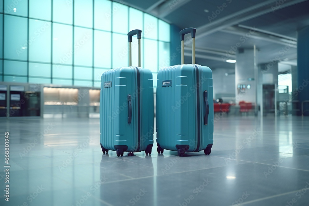 Two blue suitcases in the airport terminal. Travel concept. Travel around the world.