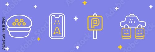 Set line Taxi service rating, Parking, Infographic of city map and driver cap icon. Vector