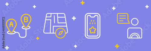 Set line Taxi driver, mobile app, Location taxi car and Route location icon. Vector