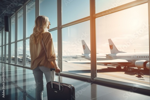 Young woman with a suitcase in the airport terminal looking at the window and waiting for her flight.