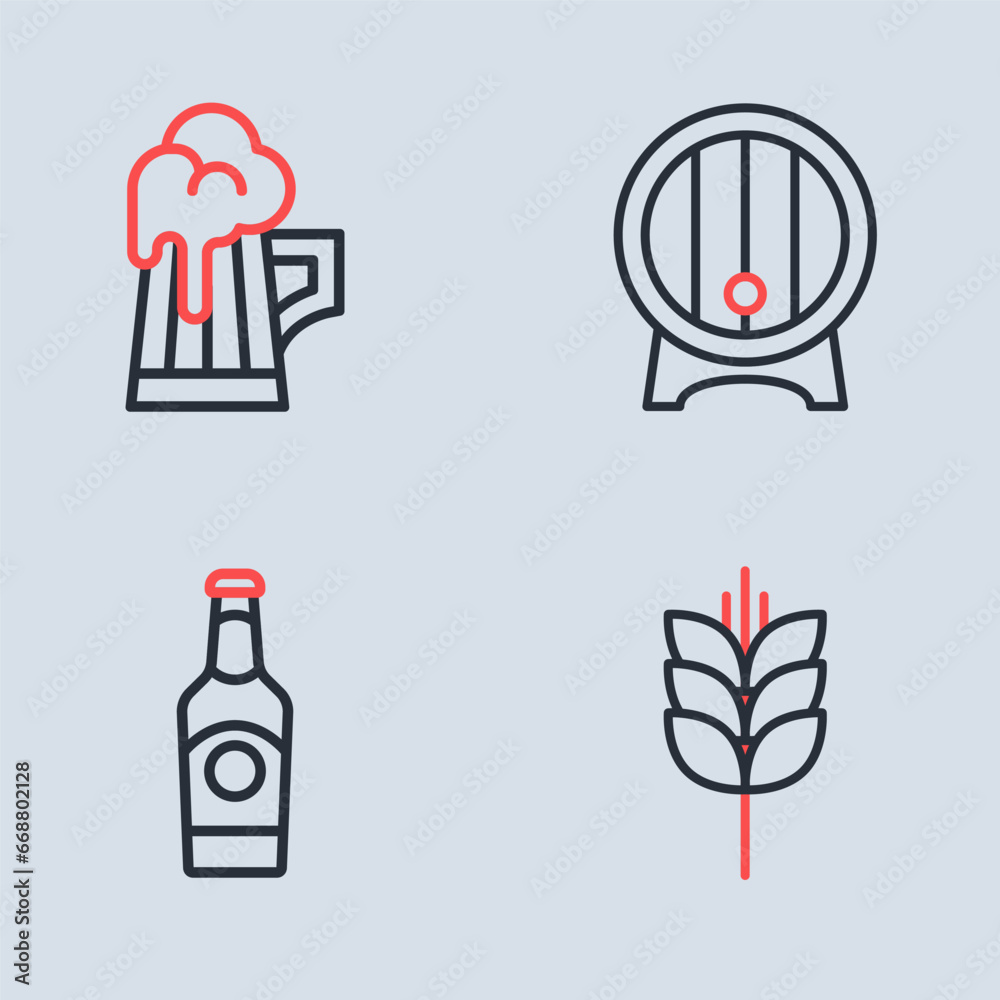 Set line Wooden barrel on rack, Beer bottle, Wheat and beer mug icon. Vector
