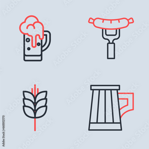 Set line Sausage on the fork, Wheat, Wooden beer mug and Glass of icon. Vector