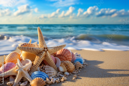Shells and starfish thrown on a beach © frimufilms