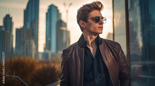 Photo of a handsome man in stylish clothes against the backdrop of the city. Style and fashion concept.