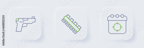 Set line Target sport, Hunting cartridge belt and Pistol gun icon. Vector