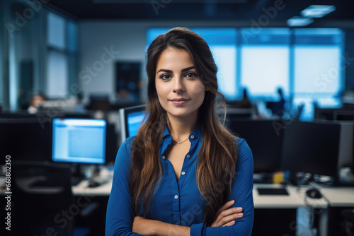 A female software engineer in a tech office, standing by a computer workstation and engaging with the camera