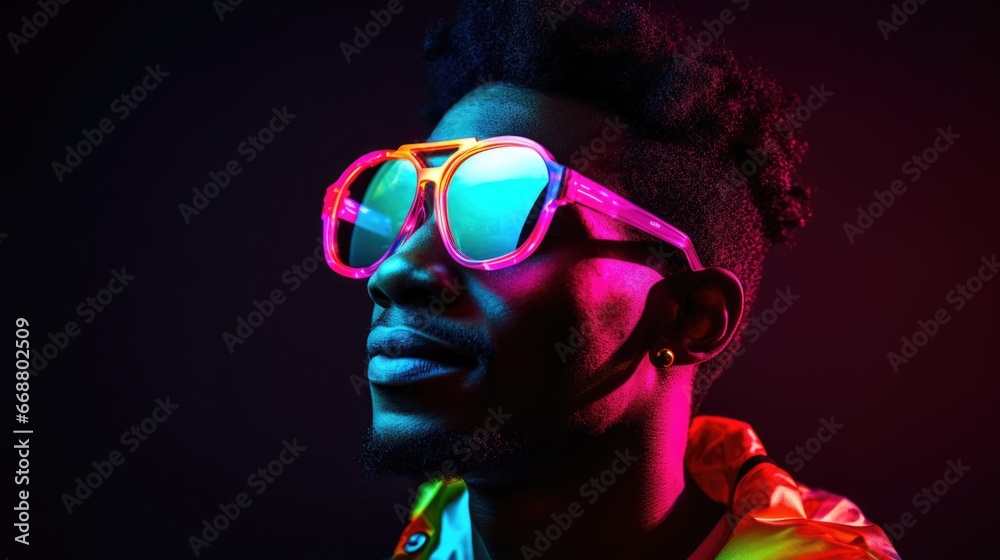 portrait of a young African man wearing fashionable glasses and colorful bright neon lights, on a black background. Art design concept portrait of a young African man wearing fashionable glasses and colorful bright neon lights, on a black background. Art design concept