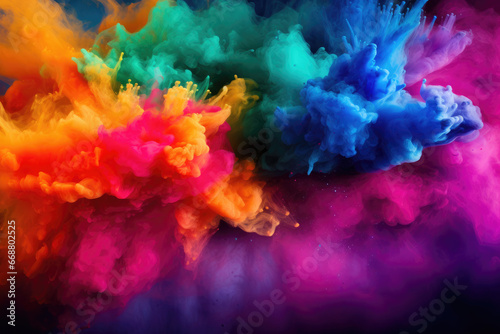 Colored powder explosion. Abstract closeup dust on backdrop. Colorful explode.