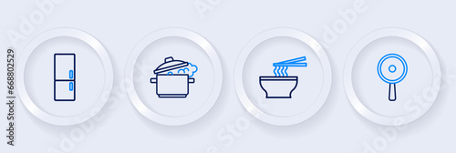 Set line Frying pan, Asian noodles bowl, Cooking pot and Refrigerator icon. Vector