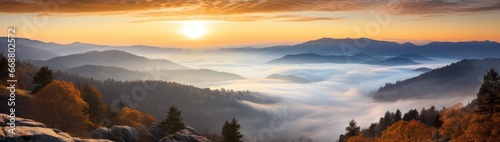 Sunset / Sunrise at Autumnal Fog Mountain Range Landscape Banner