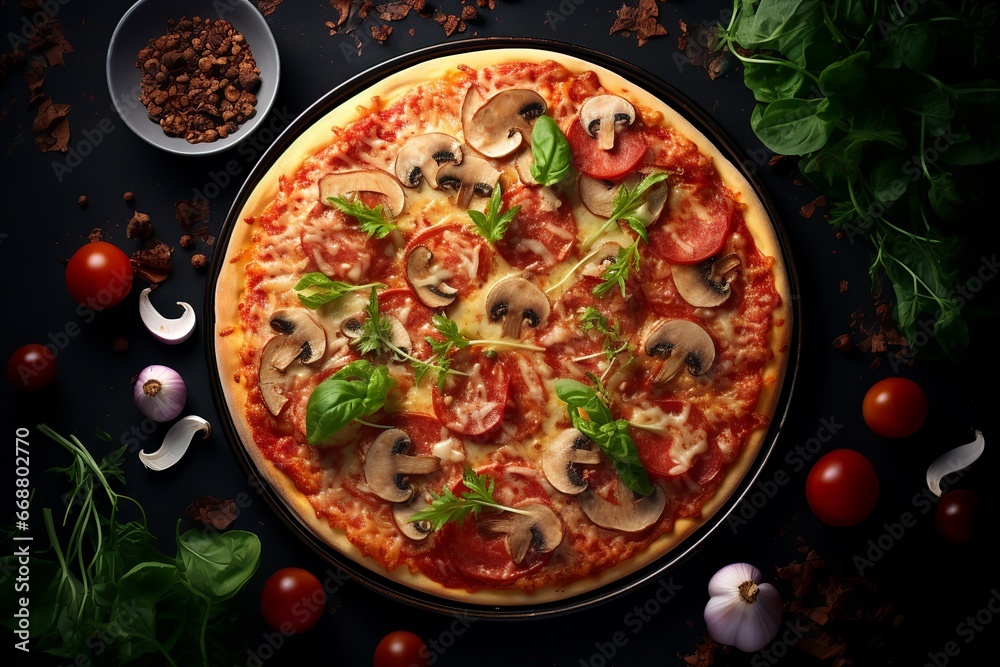 mushroom-ham pizza with basilico, tomato decoration 