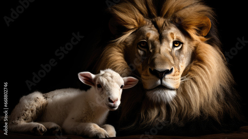 A captivating image of the Lion and the Lamb together against a black background. © Bela
