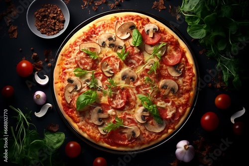 mushroom-ham pizza with basilico, tomato decoration 