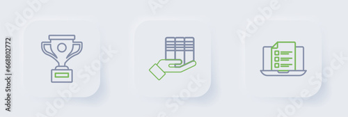 Set line Online quiz, test, survey, Book donation and Award cup icon. Vector