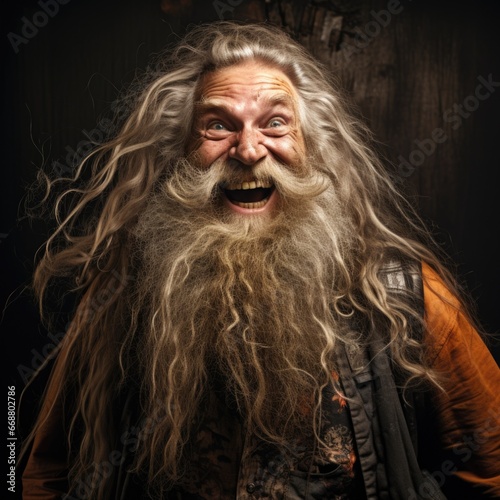 Portrait of a laughing old man with long hair and beard © koplesya