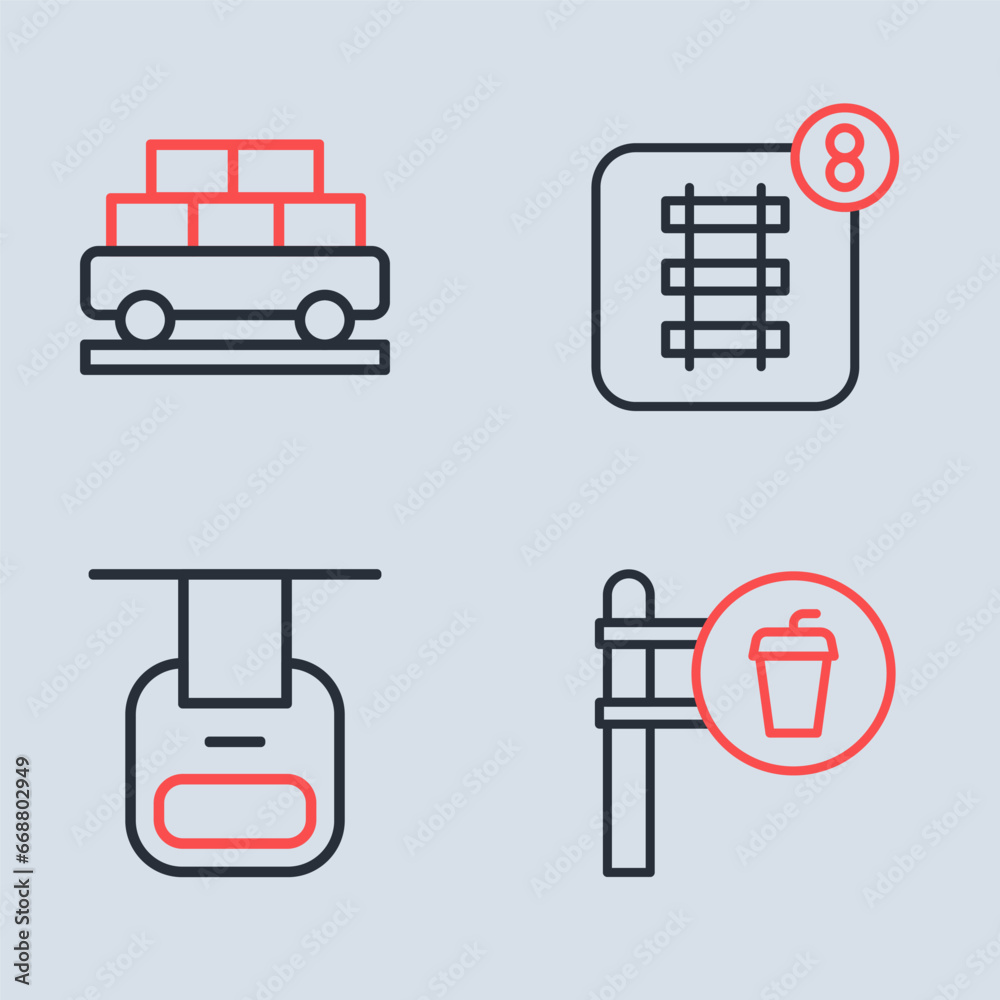 Set line Online ticket booking, Cable car, Cafe and restaurant location and Cargo train wagon icon. Vector Set line Online ticket booking, Cable car, Cafe and restaurant location and Cargo train wagon icon. Vector