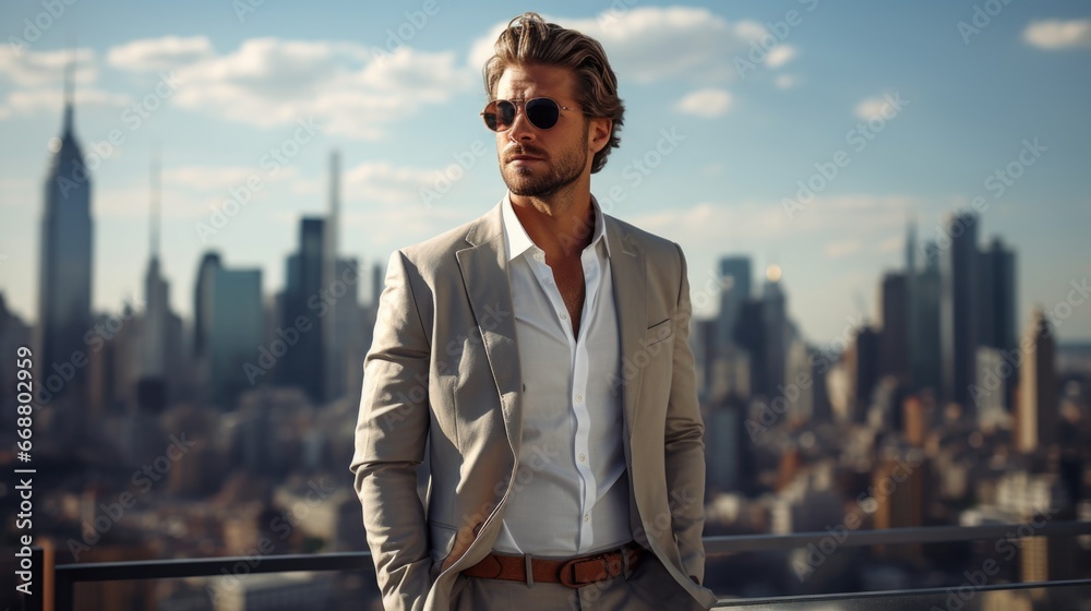 Photo of a handsome man in stylish clothes against the backdrop of the city. Style and fashion concept. Photo of a handsome man in stylish clothes against the backdrop of the city. Style and fashion concept.