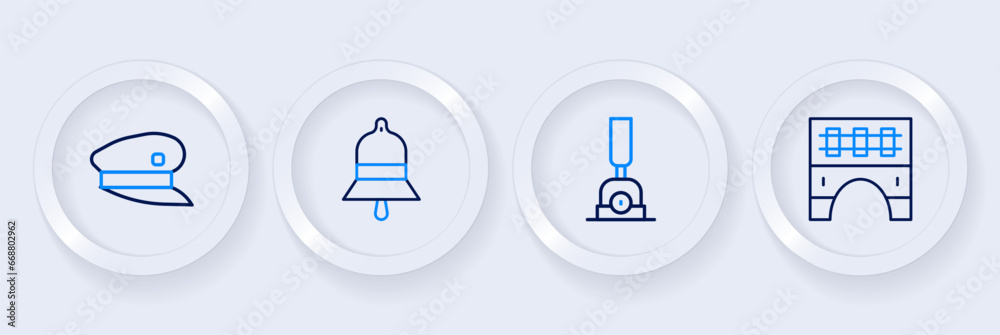 Set line Bridge for train, Arrow switching the railway, Train station bell and driver hat icon. Vector Set line Bridge for train, Arrow switching the railway, Train station bell and driver hat icon. Vector