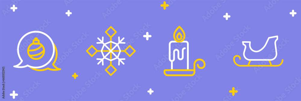 Set line Christmas santa claus sleigh, Burning candle, Snowflake and ball icon. Vector