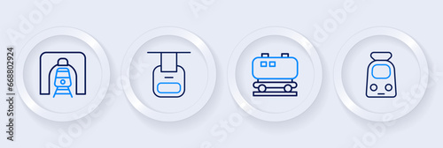Set line Train and railway, Oil cistern, Cable car and tunnel icon. Vector
