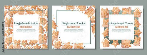 Set of Christmas background with gingerbread house, gift, snowflake, fir tree. Greeting card with cookies in glaze. Flyer, banner poster for invitation