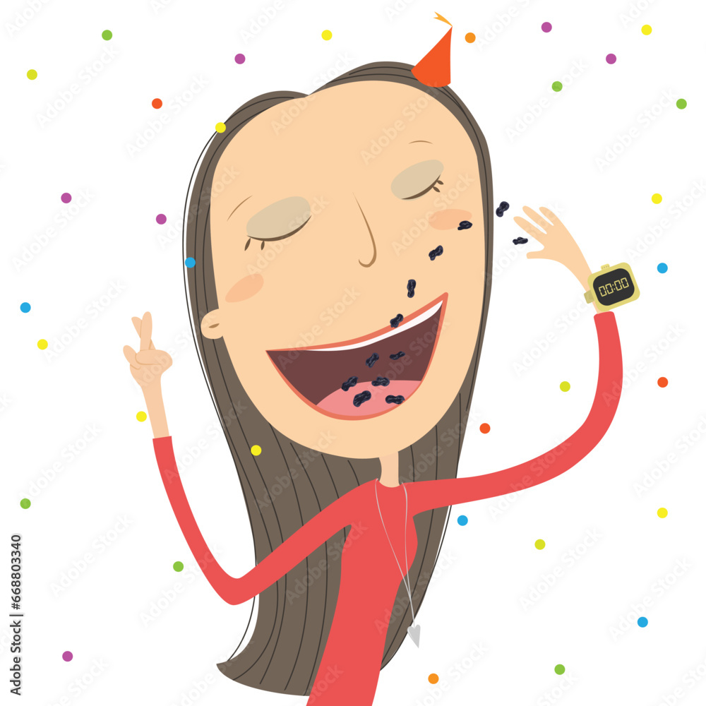 Girl eating raisins for good luck in the new year. New Year's Superstition. Vector Illustration.