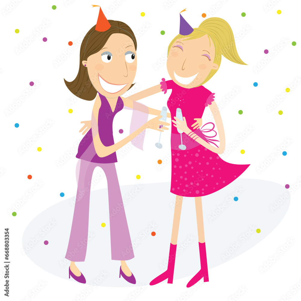 Two girl friends at a party celebrating the new year or other party, making a champagne toast. Vector Illustration. Two girl friends at a party celebrating the new year or other party, making a champagne toast. Vector Illustration.