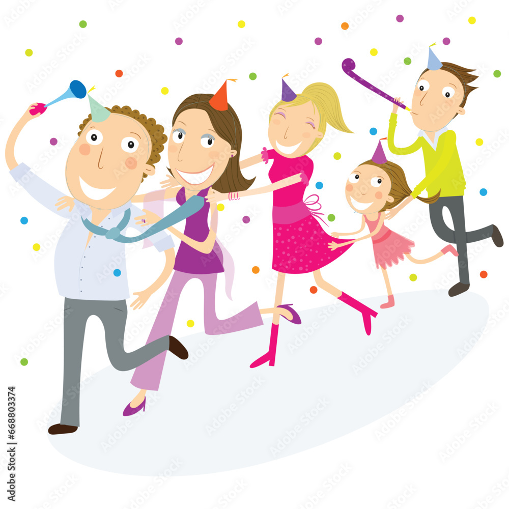 Group of friends dancing conga line celebrating new year or other party. vector Illustration Group of friends dancing conga line celebrating new year or other party. vector Illustration