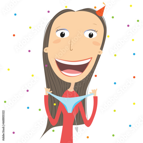 Girl wearing blue panties for good luck in the new year. New Year's Superstition. Vector Illustration.