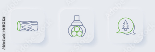 Set line Tree, Grapple crane grabbed a log and Wooden icon. Vector