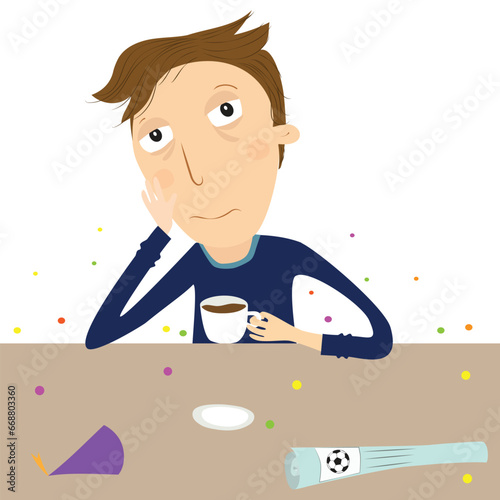 Man after new year party, or other party, sleepy or with hangover drinking coffee. Vector Illustration.